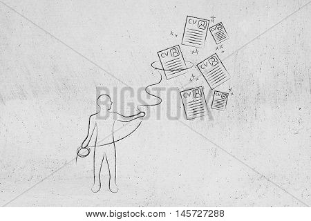 Recruiter With Lasso Catching A Group Of Falling Resumes