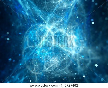 Blue glowing high power plasma with particles depth of field computer generated abstract background