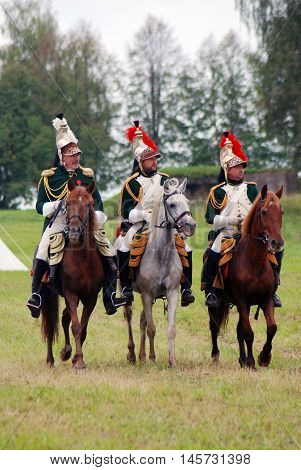 BORODINO MOSCOW REGION - SEPTEMBER 04 2016: Reenactors dressed as Napoleonic war soldiers at Borodino battle historical reenactment in Russia. Color photo.