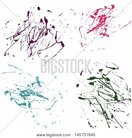 Vector splatter paint abstract on white background set hand drawing design art stain splash ink pink cyan green colors grunge texture spray pattern
