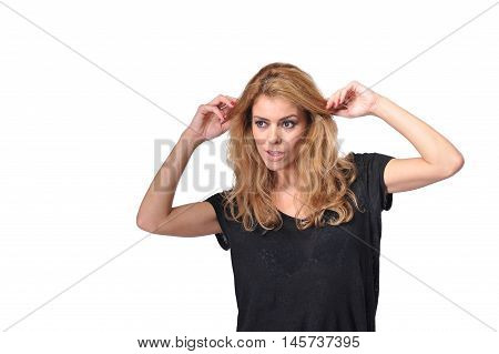 beautiful young blonde women wear black shirt and skirt