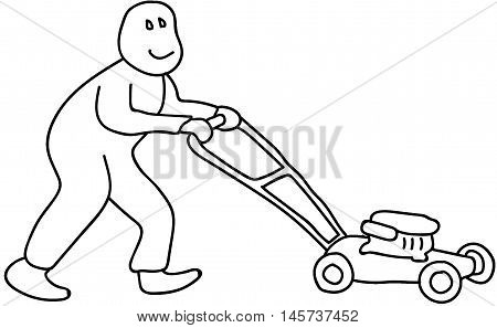 Young boy mowing lawn volunteering helping community service