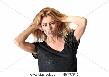 beautiful young blonde women wear black shirt and skirt