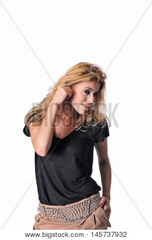 beautiful young blonde women wear black shirt and skirt
