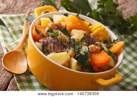 South American Cuisine: Thick Soup Pouchero Close-up In A Pot. Horizontal
