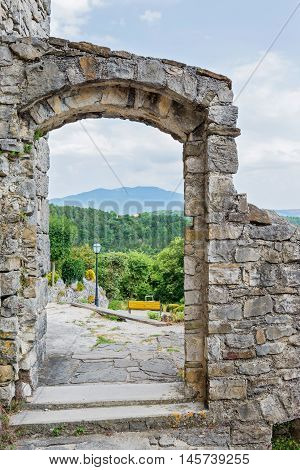 View thru the arch, historical building and beautiful landscape
