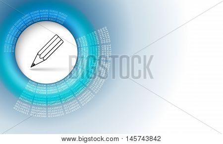 Vector abstract background with circular binary code and pencil