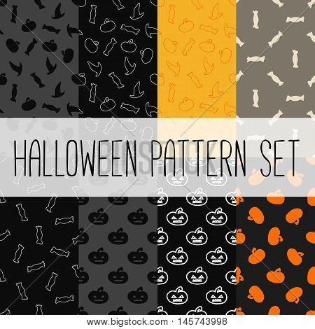 Set of eight seamless patterns for Halloween. 8 vector illustrations.