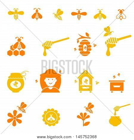 Bee and honey icon set. Organic and natural honey. Vector logotype isolated on white background.