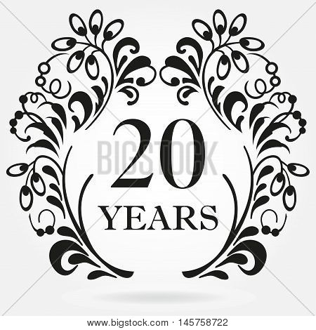 20 years anniversary icon in ornate frame with floral elements. Template for celebration and congratulation design. 20th anniversary label. Vector illustration.