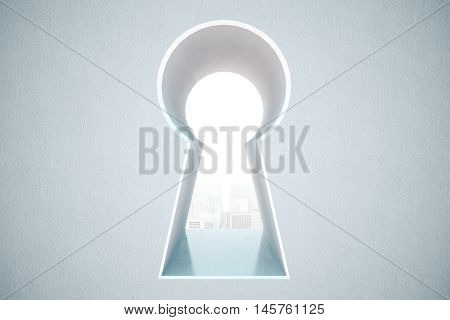 Keyhole opening with city view in concrete wall. 3D Rendering