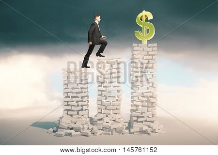 Financial growth and risk concept with young businessman in suit climbing abstract white brick ladder with golden dollar sign on top. Stormy sky background. 3D Rendering