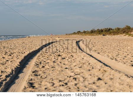 trace of tire in the sand beach