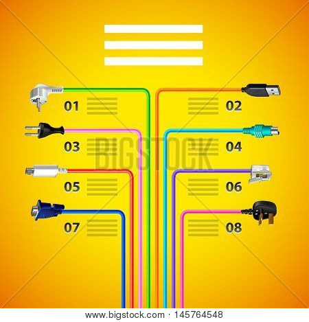 Infographics with plug wire cables on yellow background vector template