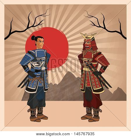 Samurai man cartoon with uniform icon. comic and japan culture. Colorful design. Striped background. Vector illustration