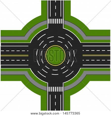 Road infographics. Road interchange, roundabouts. It is showing the movement of cars. Sidewalks and crossings. Vector illustration