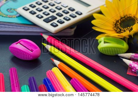 School supplies - pens, notebook and calculator