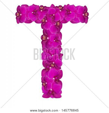 Letters made of pink flowers. T letter - flower alphabet