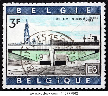 BELGIUM - CIRCA 1969: a stamp printed in the Belgium shows Kennedy Tunnel Under the Schelde Antwerp circa 1969