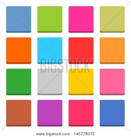 16 blank icon in flat style. Square 3D button on white background. Blue red yellow gray green pink orange brown violet colors. Vector illustration web internet design element in 8 eps