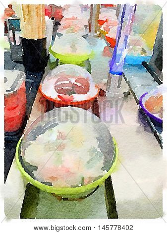 Digital watercolour painting of sushi plates on a belt with chopsticks and ginger in the background.