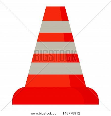 Red road cone barrier and street warning traffic cone flat icon. Construction of red road cones with stripes attention symbol cartoon flat vector illustration.