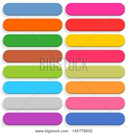 16 blank icon rounded rectangle 3D button with shadow on white background in flat style. Blue red yellow green pink orange brown violet colors. Vector illustration web design element in 8 eps