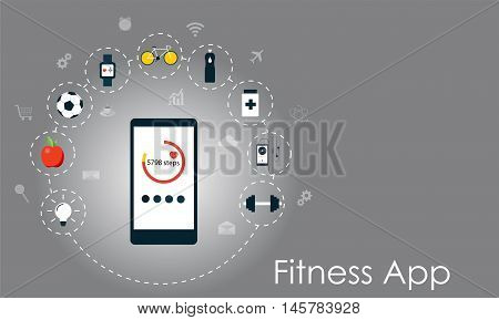 Smart phone with healthy lifesyle icons. Fitness app flat vector illustration
