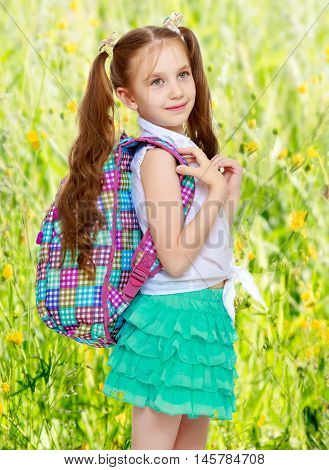 Cute little girl with long hair to the waist which wire braided white ribbons. In a white shirt without a pattern and green short skirt. The girl holds the shoulders schoolbag. Close-up - Isolated