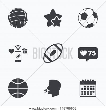 Sport balls icons. Volleyball, Basketball, Soccer and American football signs. Team sport games. Flat talking head, calendar icons. Stars, like counter icons. Vector
