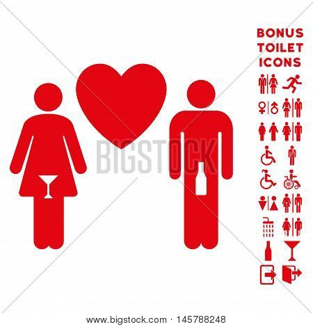 Drunky Love Pair icon and bonus male and female restroom symbols. Vector illustration style is flat iconic symbols, red color, white background.