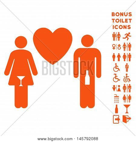 Drunky Love Pair icon and bonus man and female lavatory symbols. Vector illustration style is flat iconic symbols, orange color, white background.