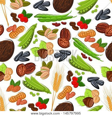 Nuts, grain, kernels and berries seamless background Wallpaper with vector pattern icons of almond, walnut, coconut, hazelnut, grain, peanut, pea, sunflower seeds, wheat, pistachio cranberry coffee beans