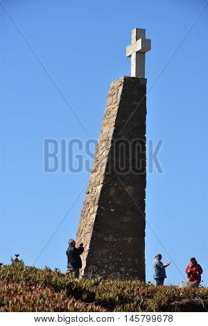 SINTRA, PORTUGAL - AUG 20: Monument declaring Cabo da Roca as the westernmost extent of continental Europe, as seen at Roca Cape near, Sintra, Portugal, on Aug 20, 2016.
