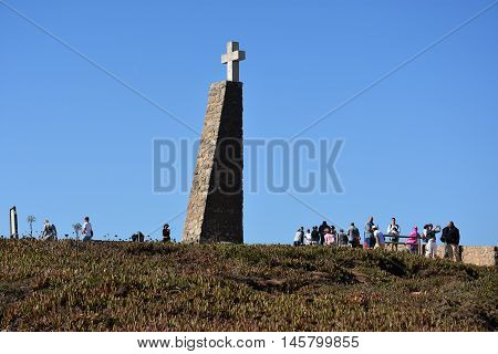 SINTRA, PORTUGAL - AUG 20: Monument declaring Cabo da Roca as the westernmost extent of continental Europe, as seen at Roca Cape near, Sintra, Portugal, on Aug 20, 2016.