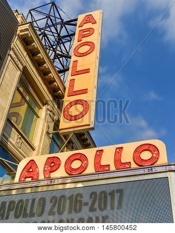 New York City - August 13 2016: Apollo Theater in Harlem New York City. It is one of the oldest and most famous music halls and listed on the National Register of Historic Places.