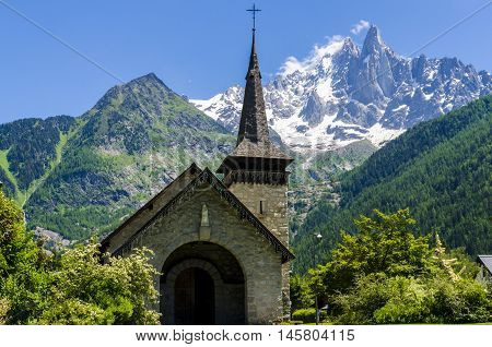 A very small Chapel near Chamonix with Mont-Blanc in background
