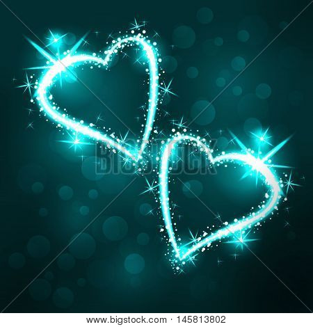 Sparkling 2 hearts on dark background with boken and stars