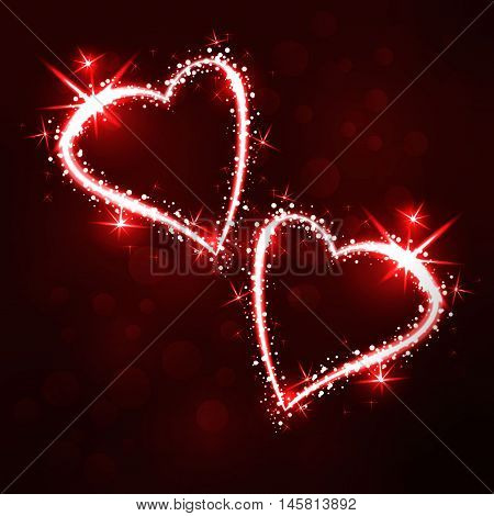 Sparkling 2 hearts on dark background with boken and stars