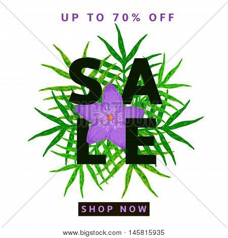 Sale poster banner with green leaves and purple flowers on the white background