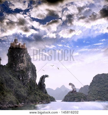 Beautiful fantasy landscape with the river, high mountains, storm sky, birds, old castle and giant stone statues of an eagle and a lion
