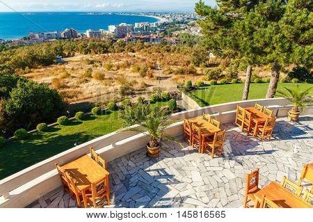 View from mountain restaurant on bay of Sunny beach resort Nessebar Bulgaria