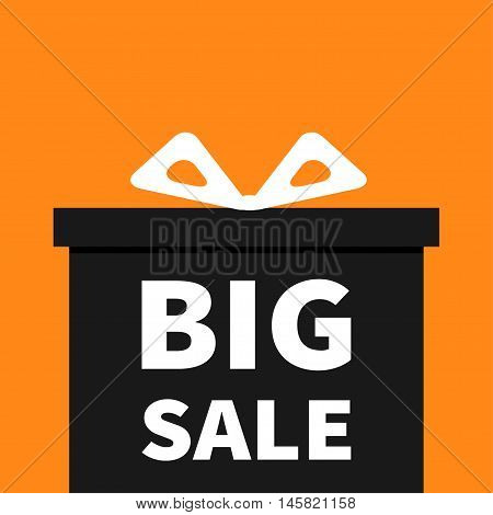 Gift box with ribbon and bow. Present giftbox. Big sale halloween advertising banner poster. Special offer. Orange background. Isolated. Flat design. Vector illustration