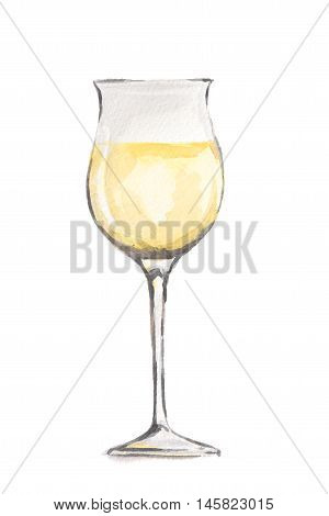 Watercolor white wine glass. Beautiful and elegant glass with alcoholic beverage. Art for menu decoration.