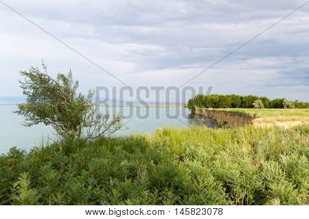 steppe and mountains on Lake Alakol of Kazakhstan