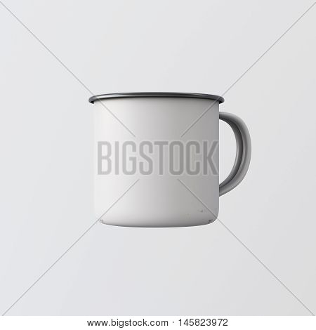 One Blank White Color Metal Coffee Mug Isolated Empty Background. Clean Enamel Cup Mockup Ready Corporate Design Message.Vintage Style.Horizontal Studio Shooting Side View. 3d rendering