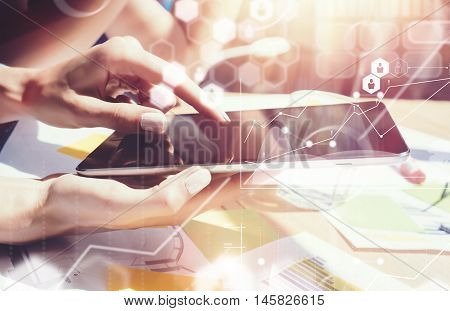 Global Connections Virtual Icon Graph Interface Marketing Researching Process.Business People Diverse Brainstorm Meeting Concept.Woman Working Smartphone Tablet Wood Table.Young Team Startup Sharing