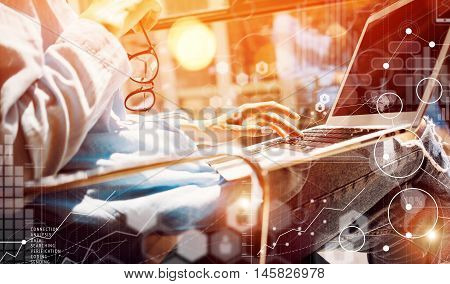 Young Women Hipster Making Great Business Solution.Social Marketing Professional Decision Corporate Work Concept Modern Office.New Global Startup Connections Virtual Icon Graph Interface Researching