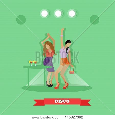 Two sexy girls dancing around table in night club. Disco dance concept vector banner in flat style design.