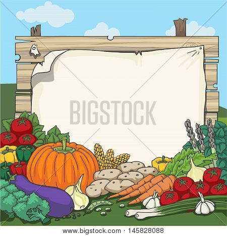 Set of various fresh vegetables, with space for your text, vector illustration